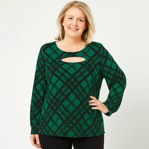 Cato XL Green Black Plaid Keyhole Blouse – Bold Abstract Print, Long Sleeve